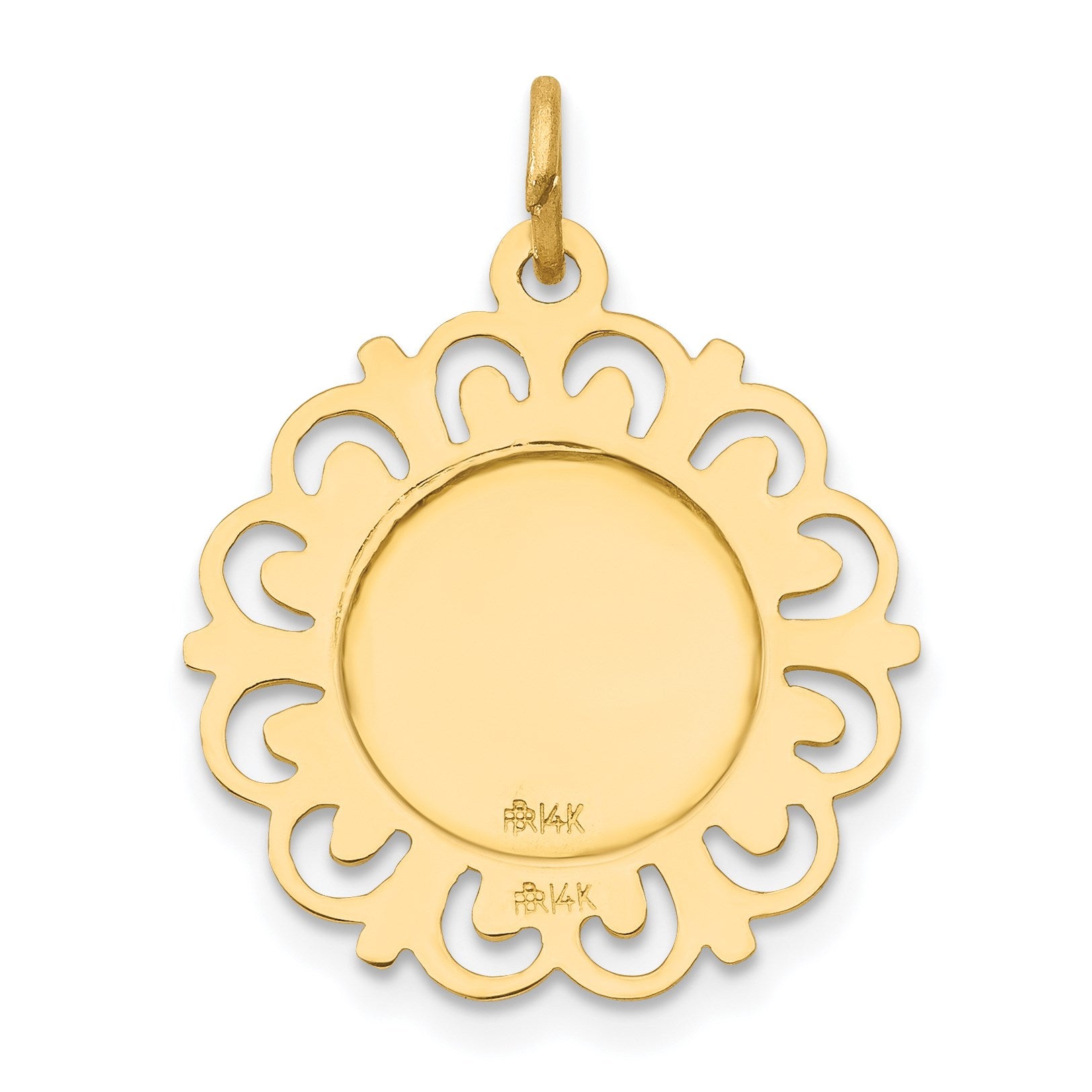 14k Polished and Satin Solid Sacred Heart of Jesus Medal Scalloped Edge Round Charm