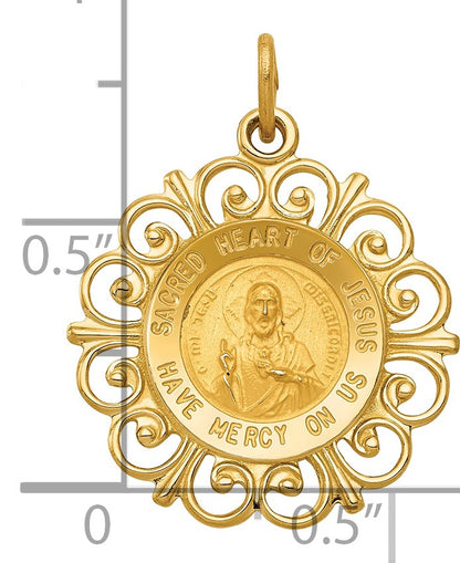 14k Polished and Satin Solid Sacred Heart of Jesus Medal Scalloped Edge Round Charm