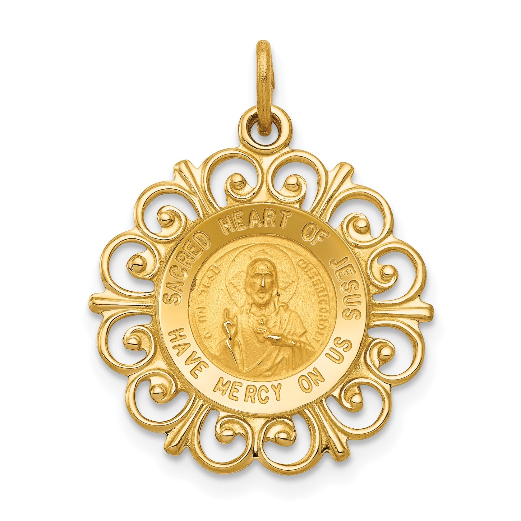 14k Polished and Satin Solid Sacred Heart of Jesus Medal Scalloped Edge Round Charm