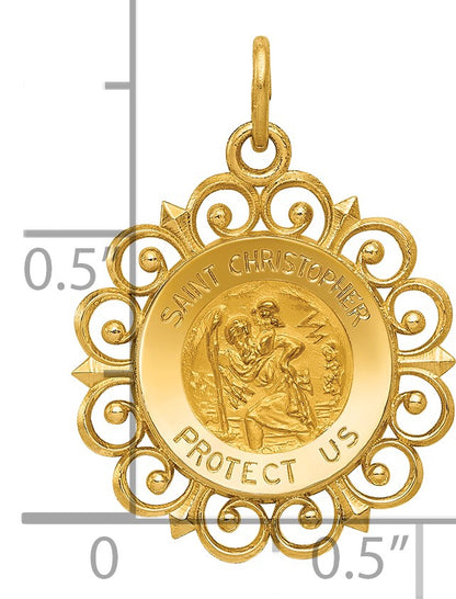 14k Polished and Satin Solid Saint Christopher Medal Scalloped Edge Round Charm