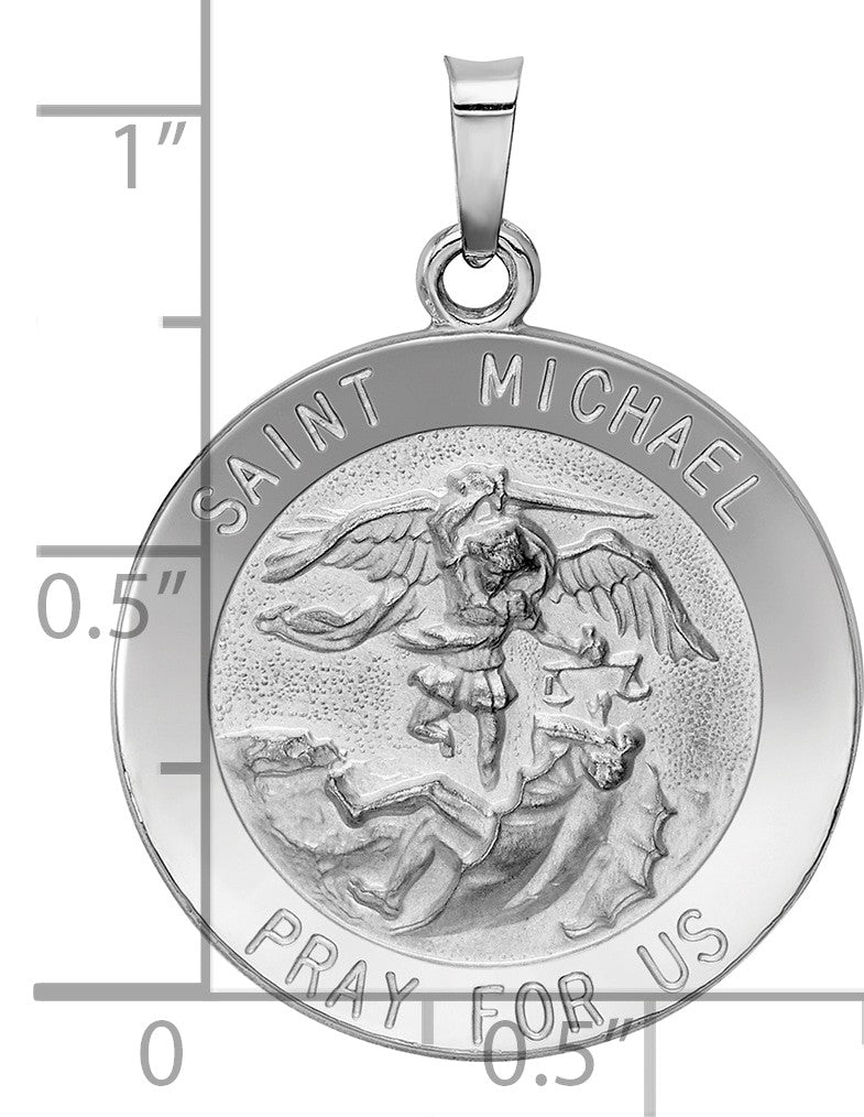 14k White Gold Polished and Satin Solid St. Michael Medal Round Pendant