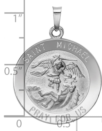 14k White Gold Polished and Satin Solid St. Michael Medal Round Pendant