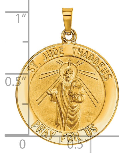 14k Polished and Satin Hollow Saint Jude Thaddeus Medal Round Pendant