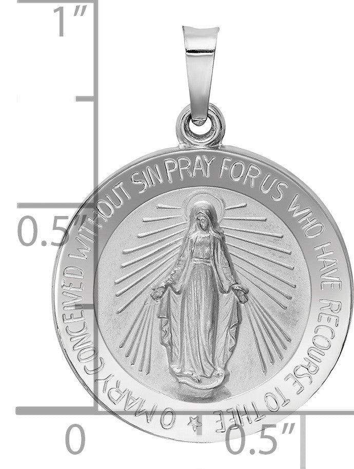 14k White Gold Polished and Satin Solid Miraculous Medal Round Pendant