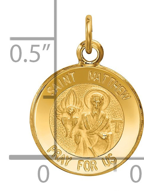 14k Polished and Satin Solid Saint Matthew Medal Round Charm