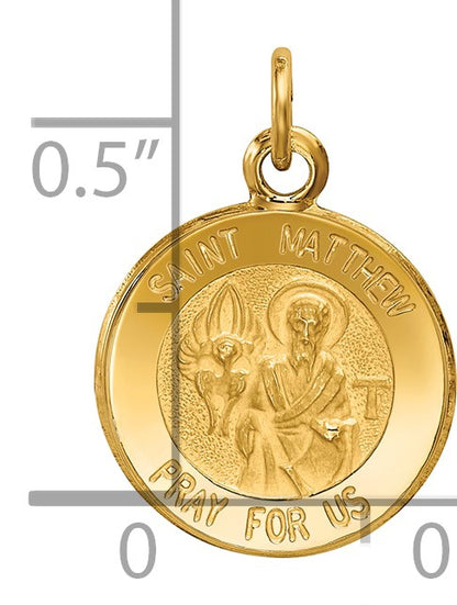14k Polished and Satin Solid Saint Matthew Medal Round Charm