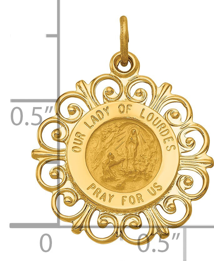 14k Polished and Satin Solid Our Lady of Lourdes Medal Scalloped Edge Round Pendant