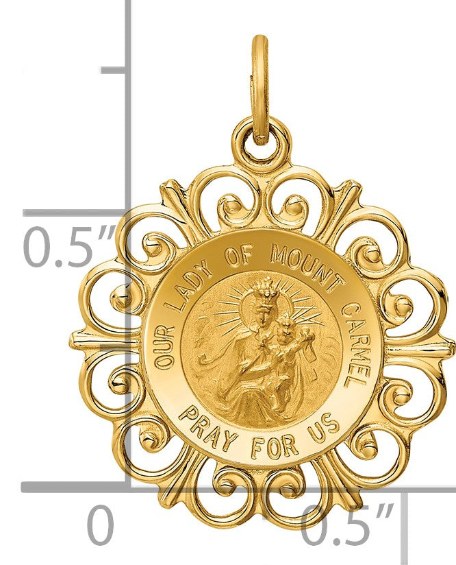 14k Polished and Satin Solid Our Lady of Mt. Carmel Medal Scalloped Edge Round Charm