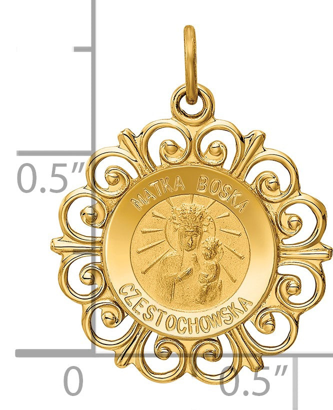 14k Polished and Satin Solid Matka Boska Czestochowska Medal Reversible Scalloped Edge Round Pendant