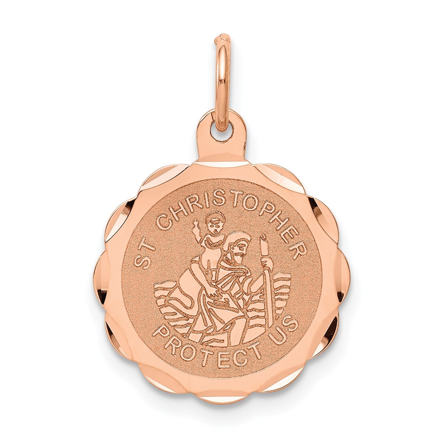 14k Rose Gold Satin and Polished Saint Christopher Medal Scalloped Edge Round Charm