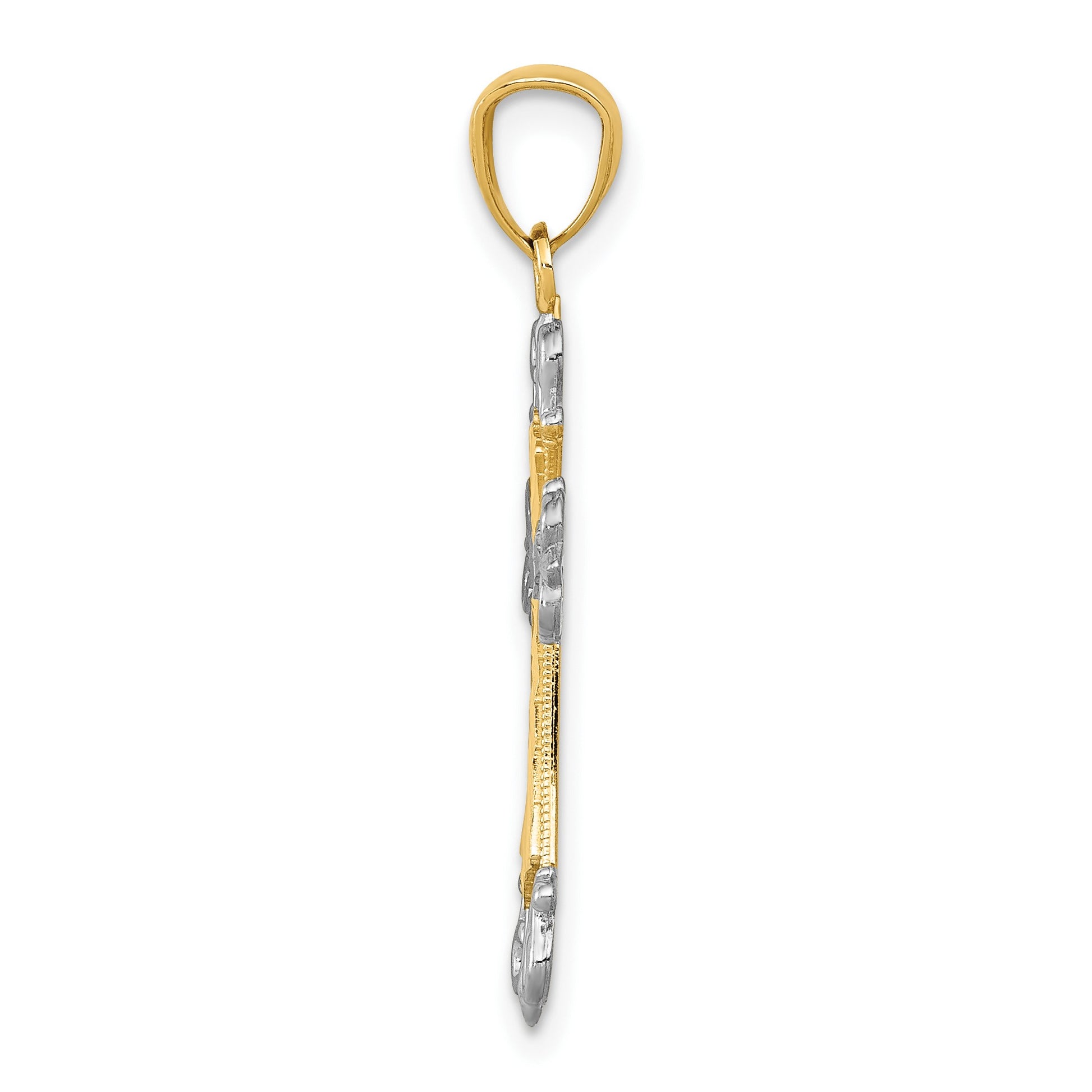 14k and White Rhodium Diamond-cut Fleur de Lis Cross Pendant