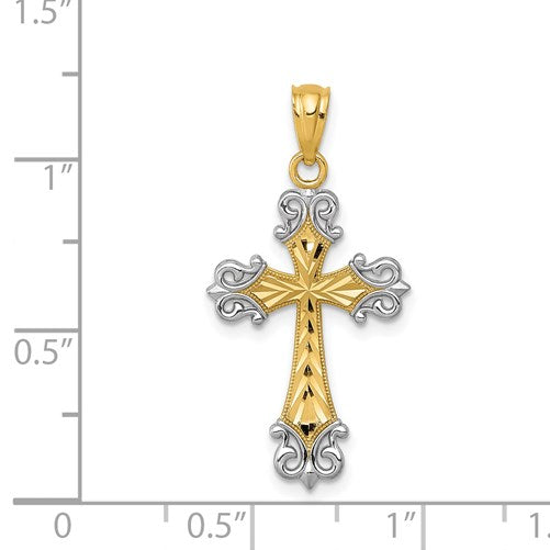 14k and White Rhodium Diamond-cut Fleur de Lis Cross Pendant