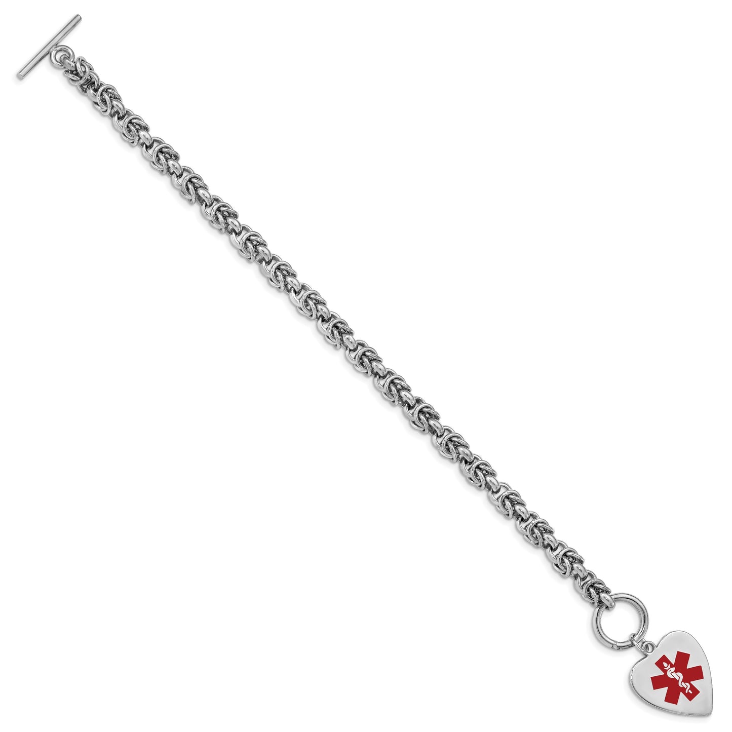 Sterling Silver Rhodium-plated Byzantine Link Engravable Red Enamel 23x18mm Heart Disc 7.75 inch Medical ID Bracelet