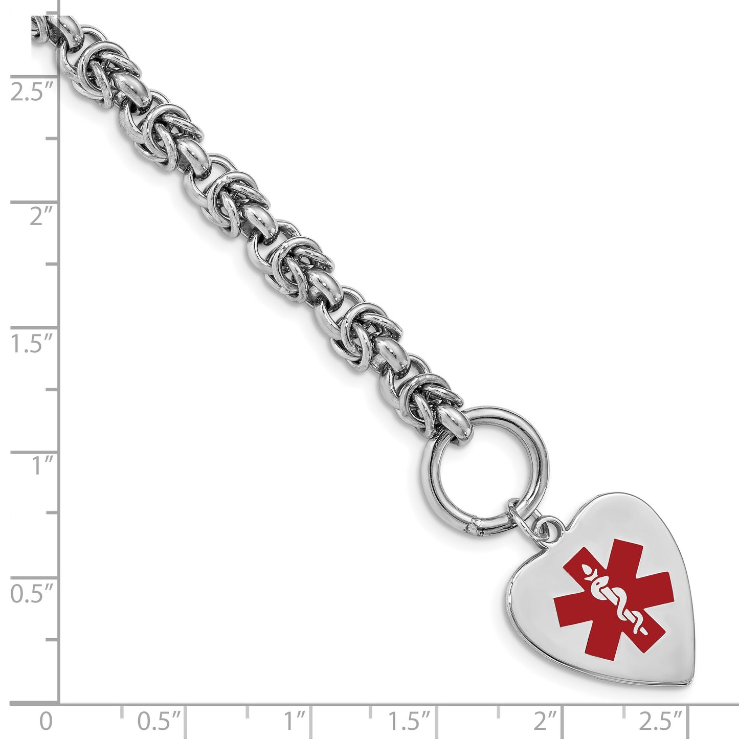 Sterling Silver Rhodium-plated Byzantine Link Engravable Red Enamel 23x18mm Heart Disc 7.75 inch Medical ID Bracelet