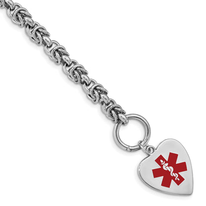 Sterling Silver Rhodium-plated Byzantine Link Engravable Red Enamel 23x18mm Heart Disc 7.75 inch Medical ID Bracelet