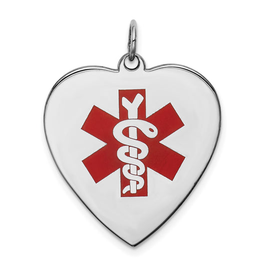 Sterling Silver RH-pltd Engraveable Enamel Lg.Heart Medical Pendant