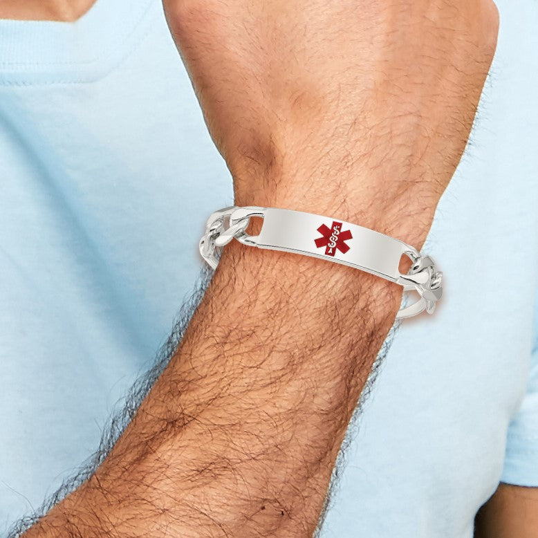 Sterling Silver Polished Medical Figaro Anchor Link ID Bracelet