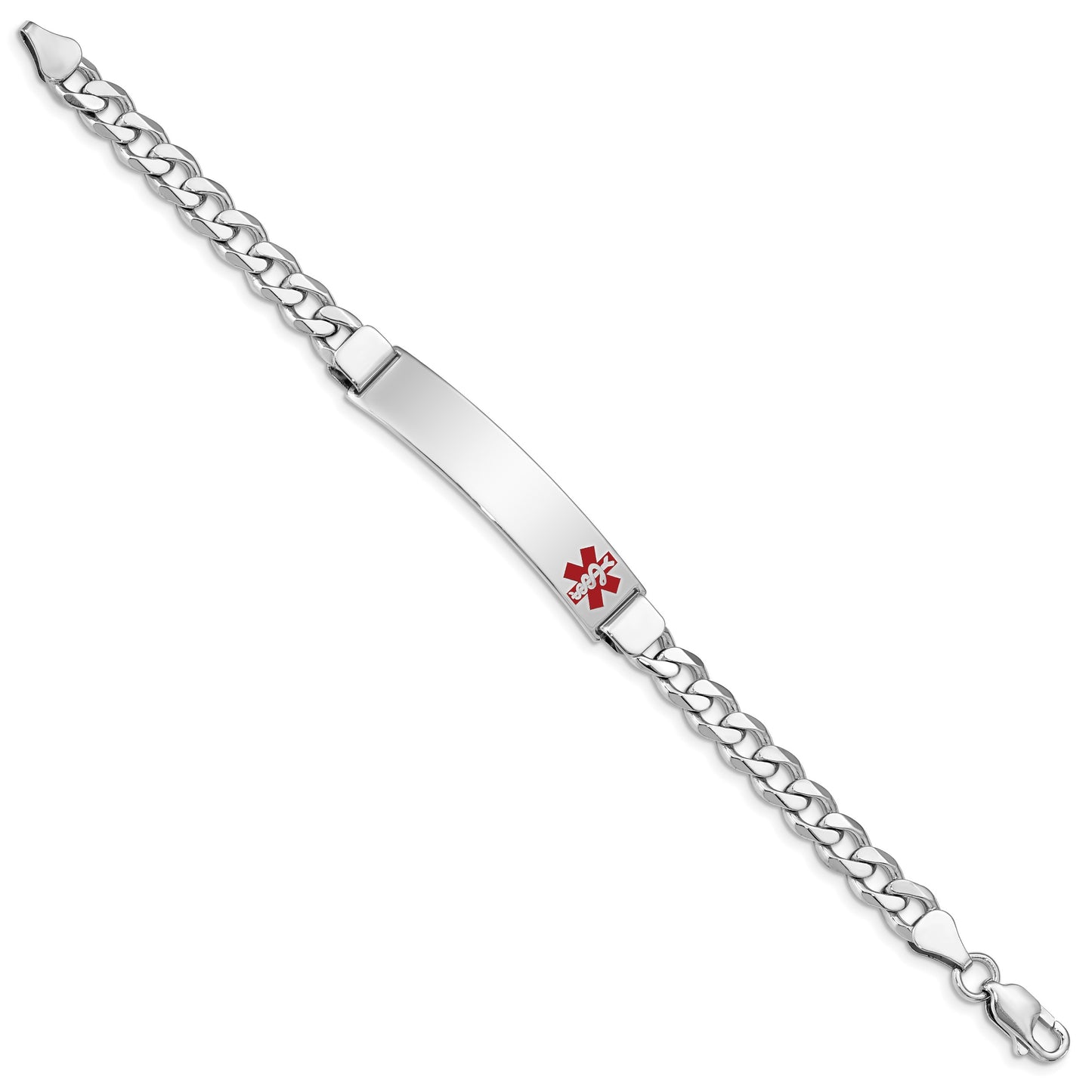 Sterling Silver Rhodium-plated Curb Link Off-Center Red Enamel 43x9mm Plate 8 inch Medical ID Bracelet