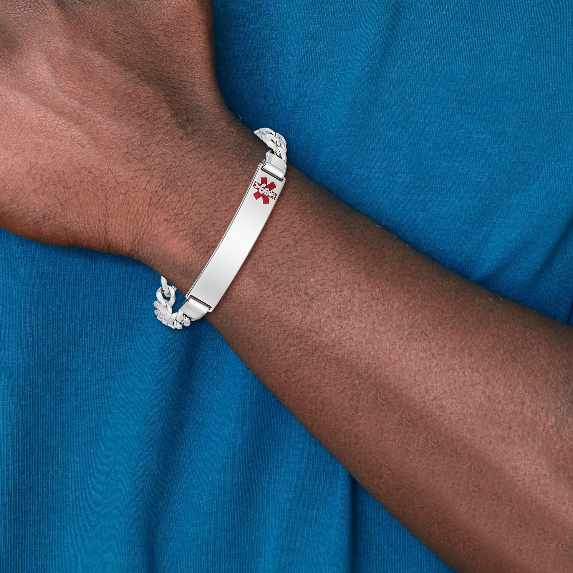 Sterling Silver Rhodium-plated Curb Link Off-Center Red Enamel 43x9mm Plate 8 inch Medical ID Bracelet