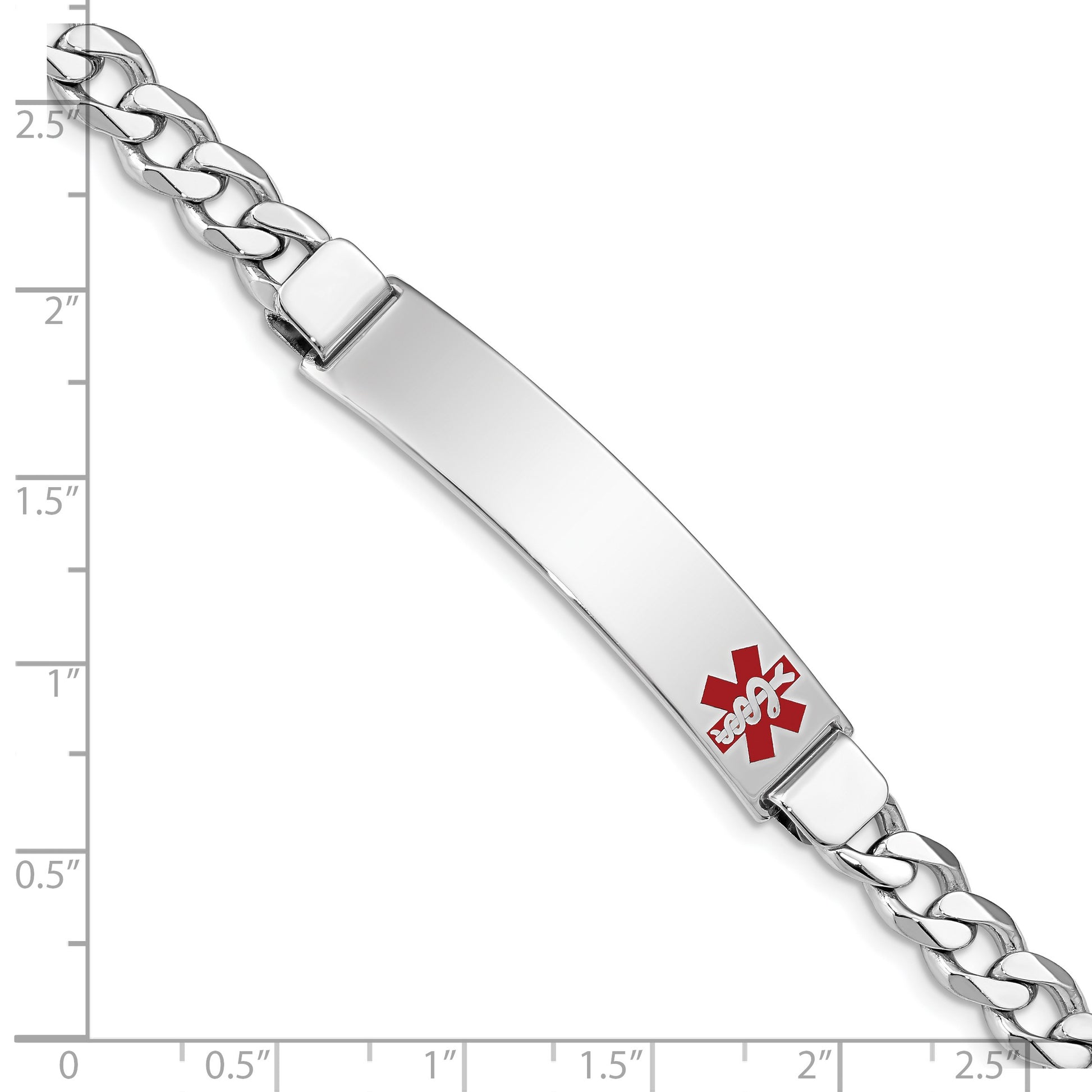 Sterling Silver Rhodium-plated Curb Link Off-Center Red Enamel 43x9mm Plate 8 inch Medical ID Bracelet