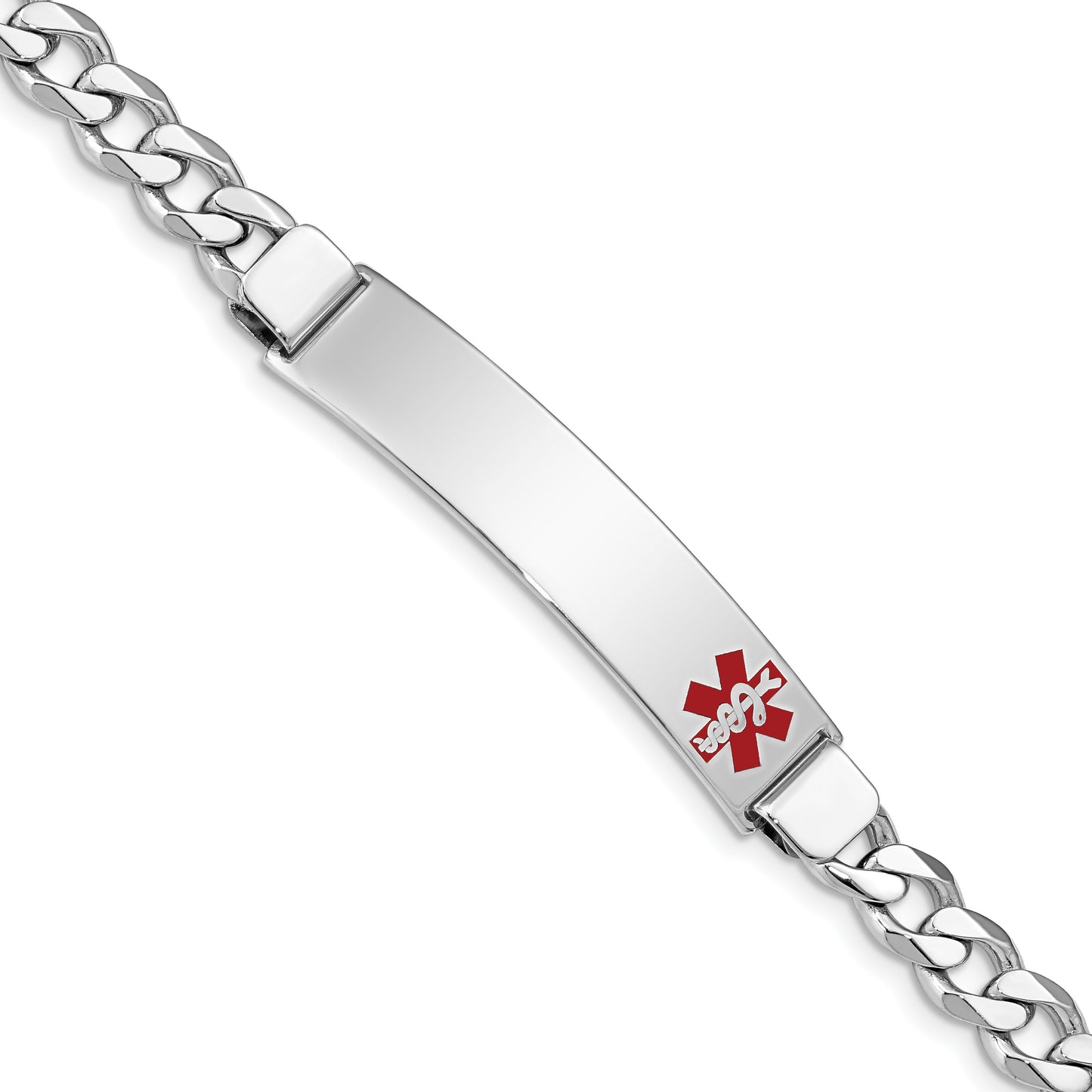 Sterling Silver Rhodium-plated Curb Link Off-Center Red Enamel 43x9mm Plate 8 inch Medical ID Bracelet