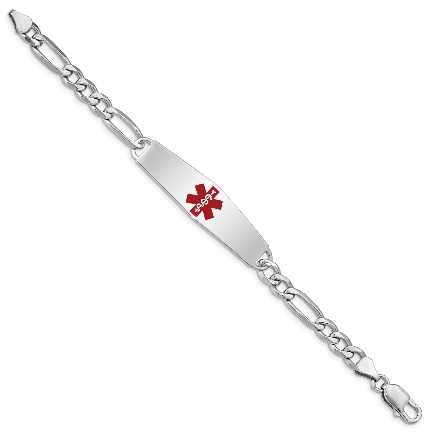 Sterling Silver Rhodium-plated Figaro Link Centered Red Enamel 47x13mm Plate 7 inch Medical ID Bracelet