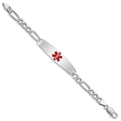 Sterling Silver Rhodium-plated Figaro Link Centered Red Enamel 47x13mm Plate 7 inch Medical ID Bracelet