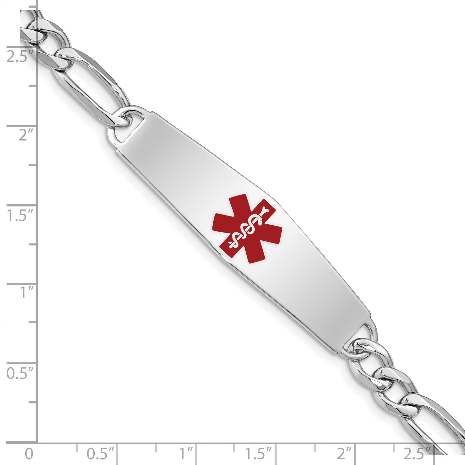 Sterling Silver Rhodium-plated Figaro Link Centered Red Enamel 47x13mm Plate 7 inch Medical ID Bracelet