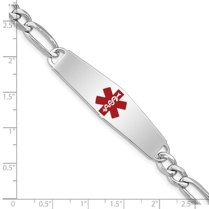 Sterling Silver Rhodium-plated Figaro Link Centered Red Enamel 47x13mm Plate 7 inch Medical ID Bracelet