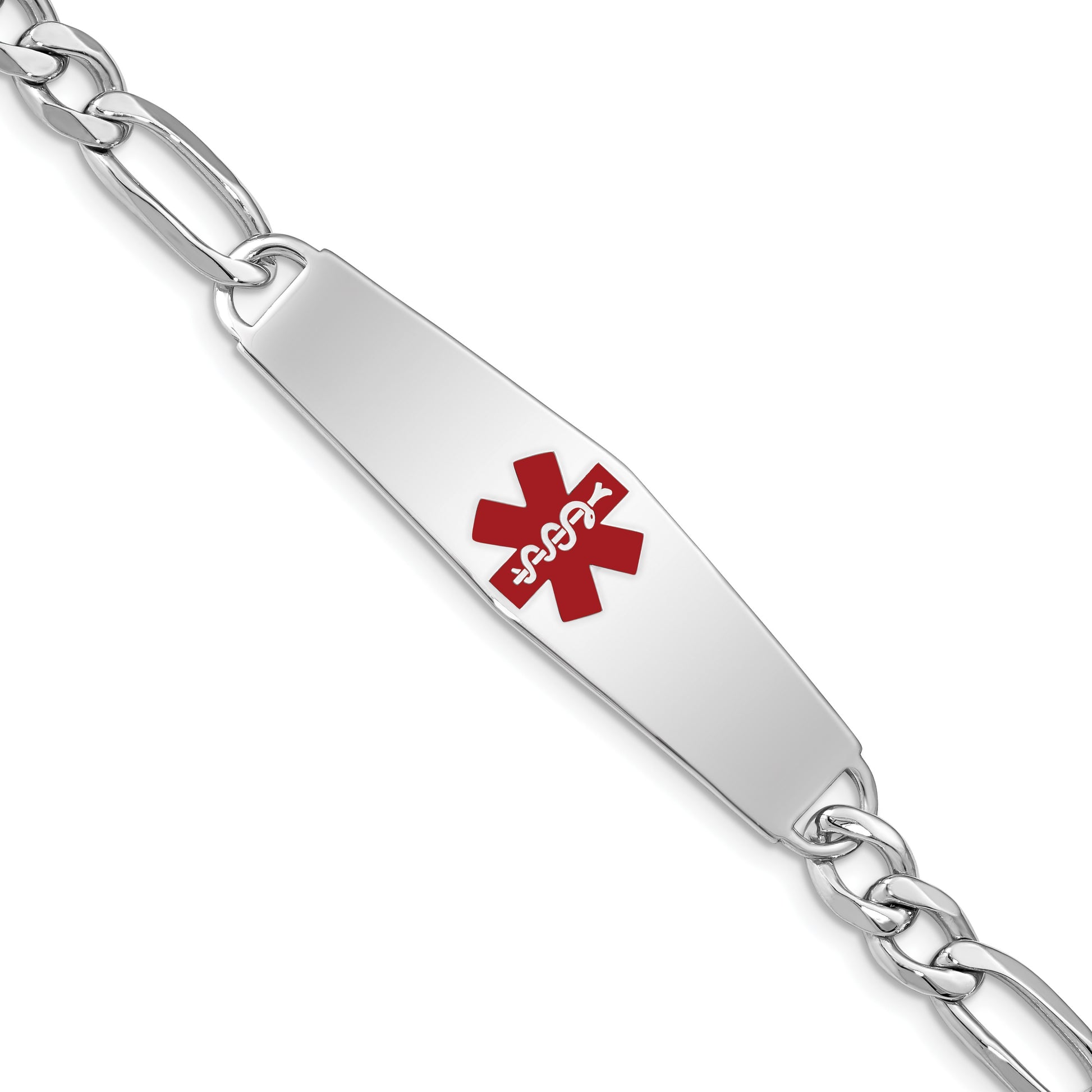 Sterling Silver Rhodium-plated Figaro Link Centered Red Enamel 47x13mm Plate 7 inch Medical ID Bracelet