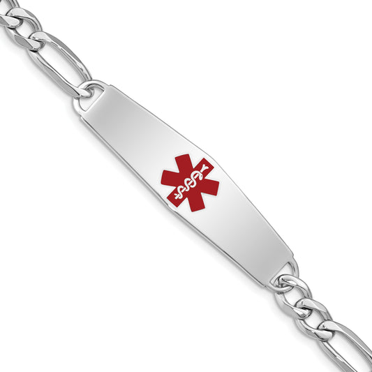 Sterling Silver Rhodium-plated Figaro Link Centered Red Enamel 47x13mm Plate 7 inch Medical ID Bracelet