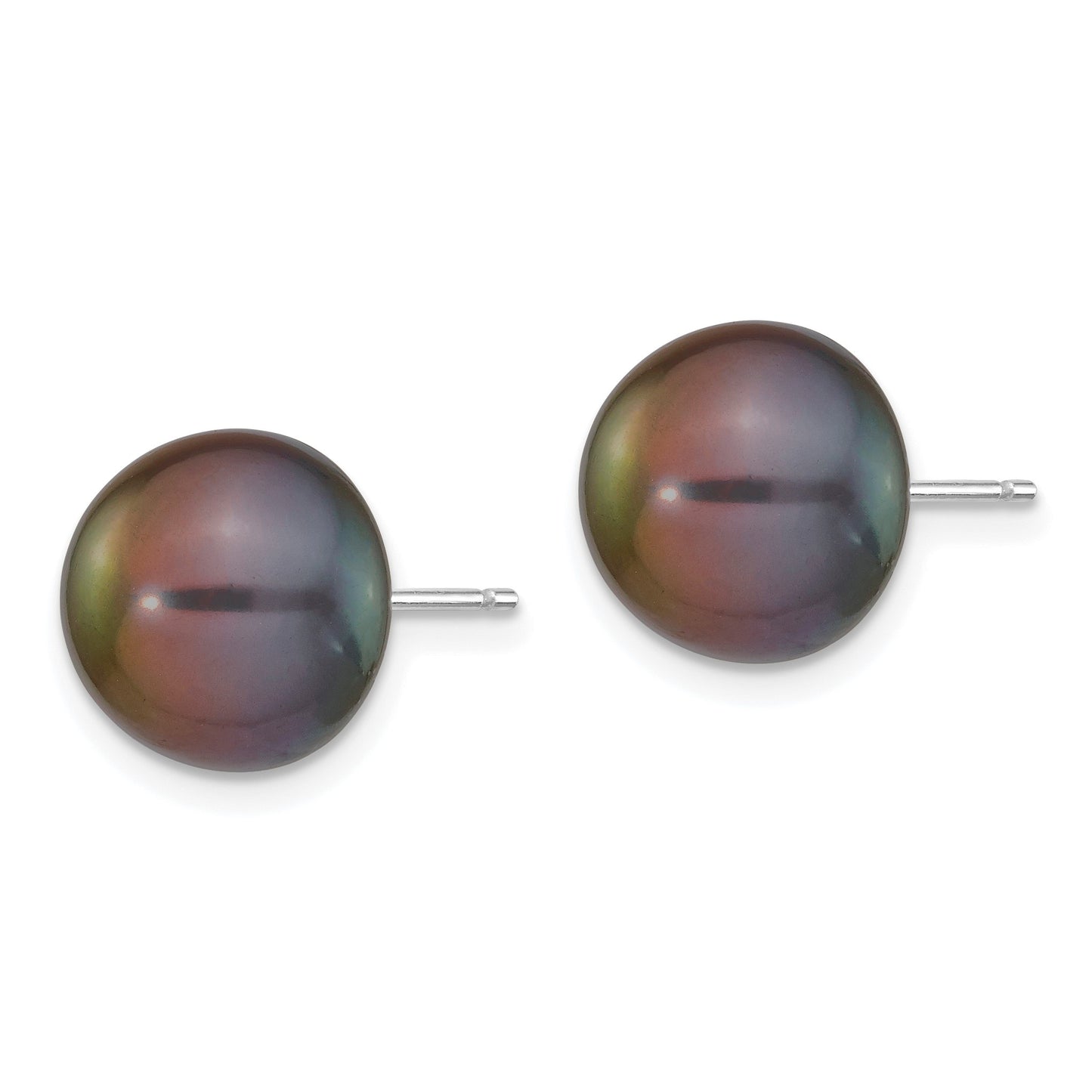 14k White Gold 10-11mm Black Button Freshwater Cultured Pearl Stud Post Earrings