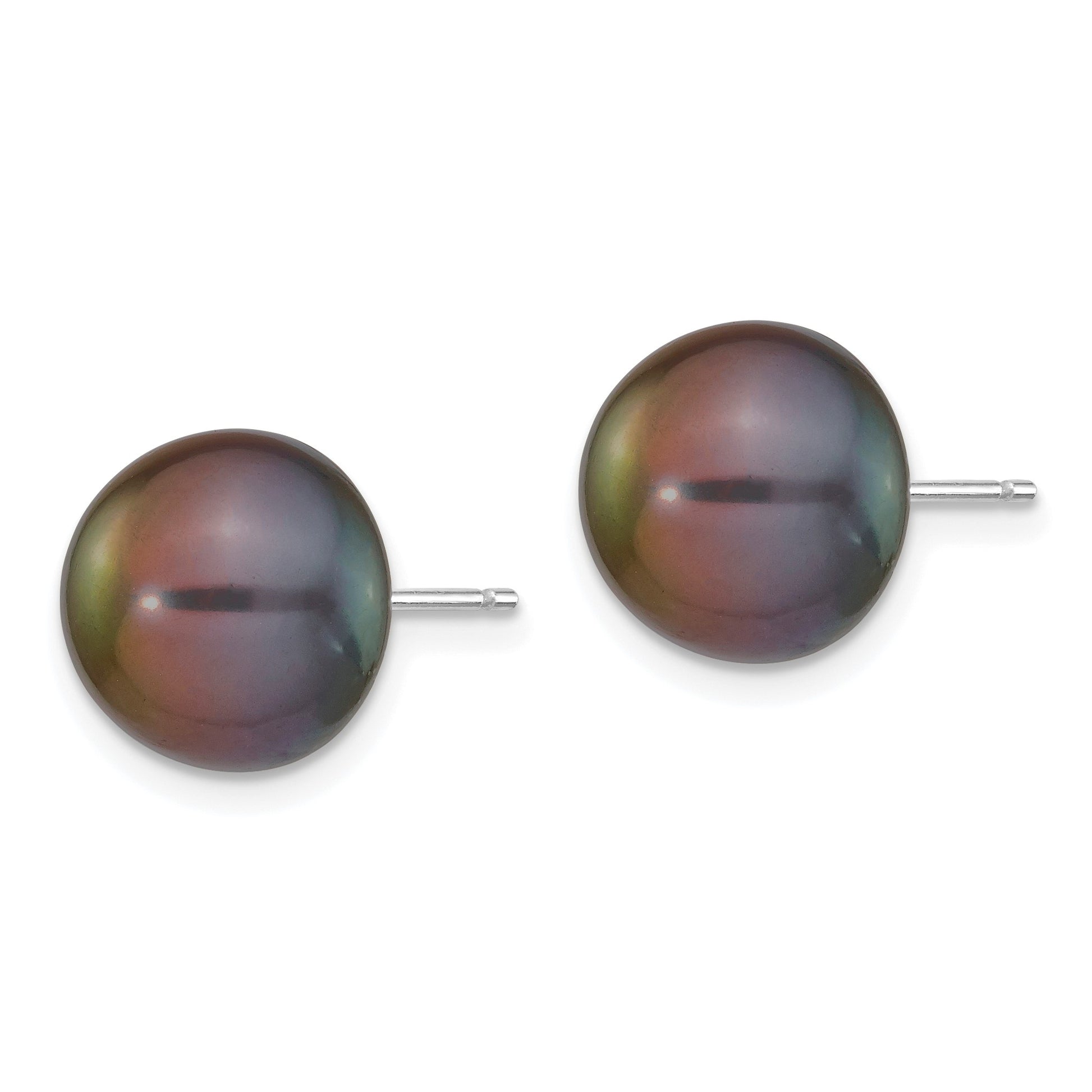 14k White Gold 10-11mm Black Button Freshwater Cultured Pearl Stud Post Earrings