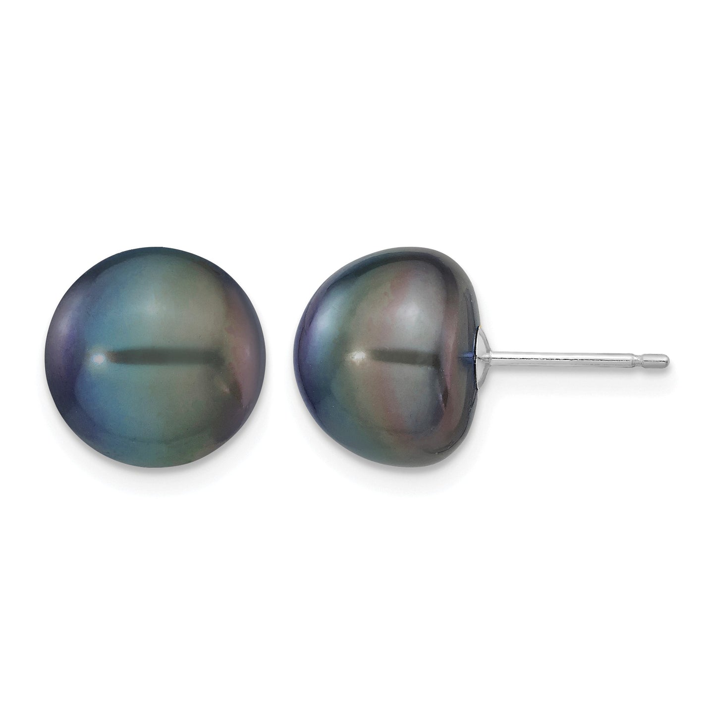 14k White Gold 10-11mm Black Button Freshwater Cultured Pearl Stud Post Earrings