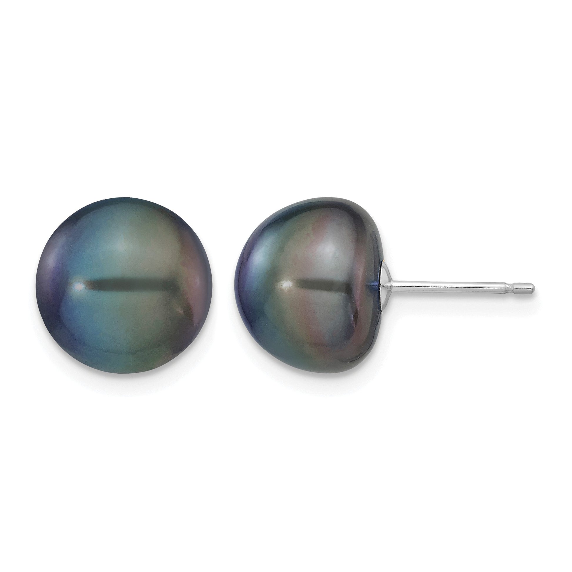 14k White Gold 10-11mm Black Button Freshwater Cultured Pearl Stud Post Earrings