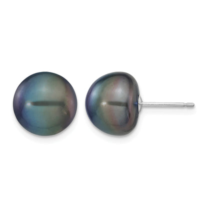 14k White Gold 10-11mm Black Button Freshwater Cultured Pearl Stud Post Earrings
