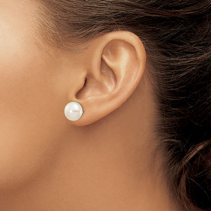 14k White Gold 10-11mm White Button Freshwater Cultured Pearl Stud Post Earrings