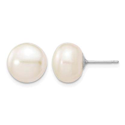 14k White Gold 10-11mm White Button Freshwater Cultured Pearl Stud Post Earrings
