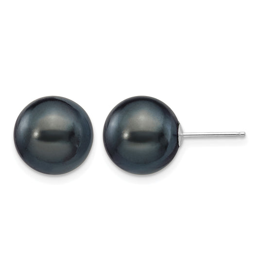 14k White Gold 10-11mm Black Round Freshwater Cultured Pearl Stud Post Earrings