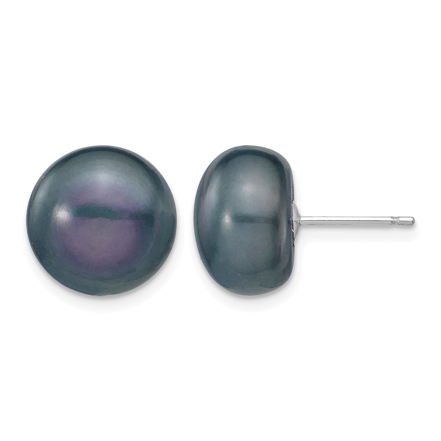 14k White Gold 11-12mm Black Button Freshwater Cultured Pearl Stud Post Earrings