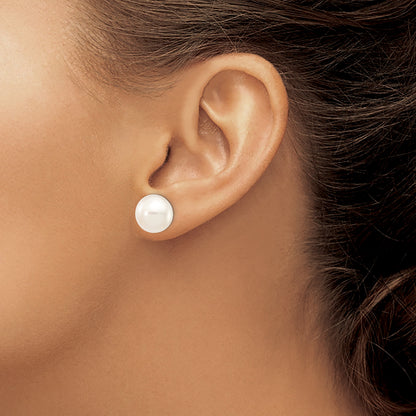 14k White Gold 11-12mm White Button Freshwater Cultured Pearl Stud Post Earrings