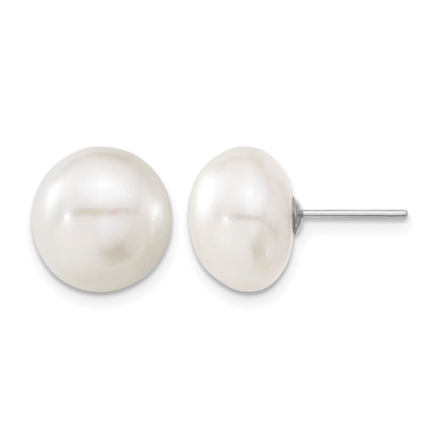 14k White Gold 11-12mm White Button Freshwater Cultured Pearl Stud Post Earrings