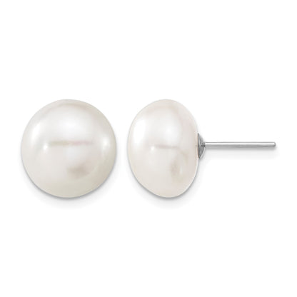 14k White Gold 11-12mm White Button Freshwater Cultured Pearl Stud Post Earrings