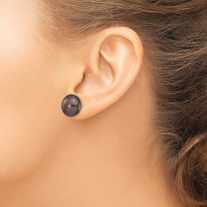 14k White Gold 12-13mm Black Button Freshwater Cultured Pearl Stud Post Earrings