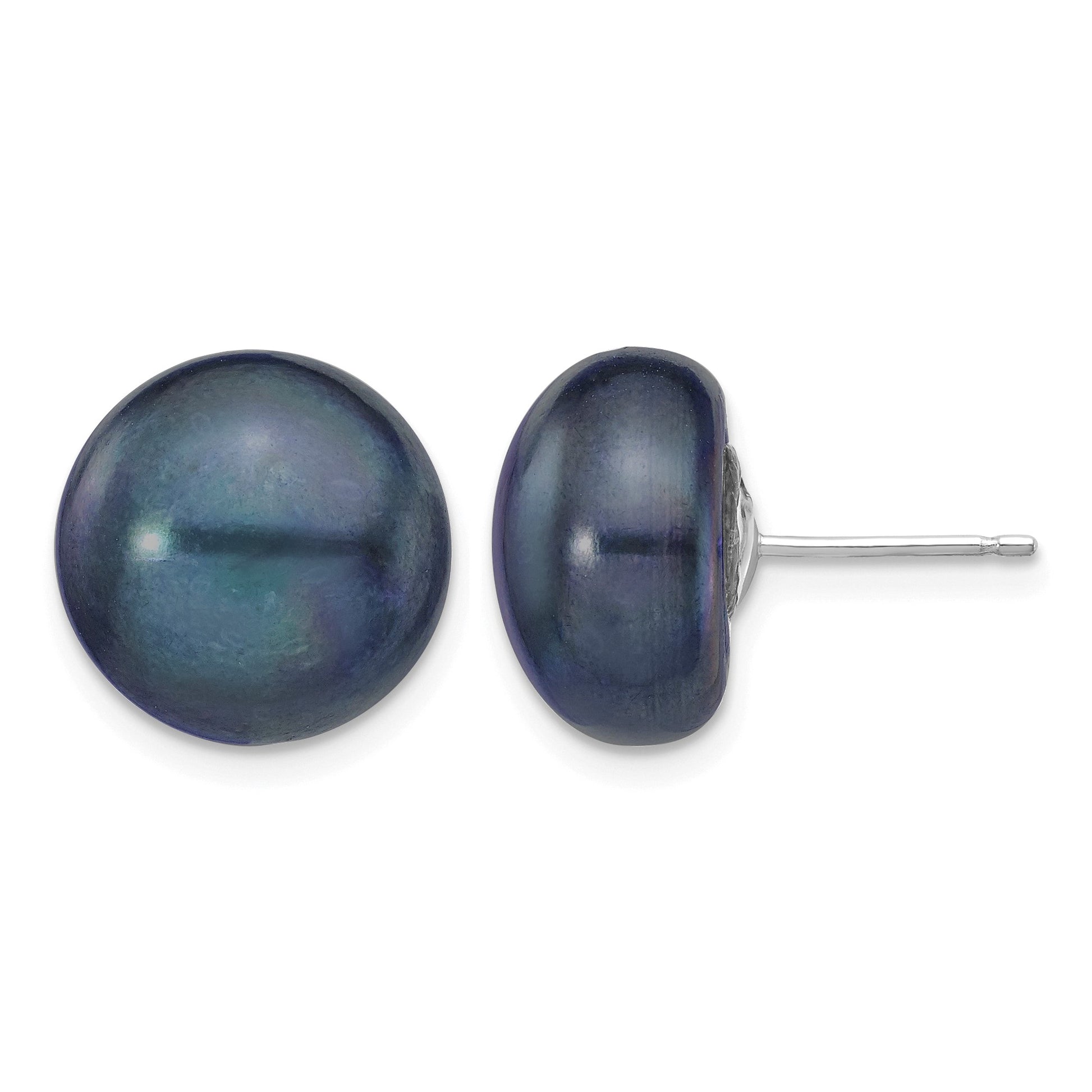 14k White Gold 12-13mm Black Button Freshwater Cultured Pearl Stud Post Earrings