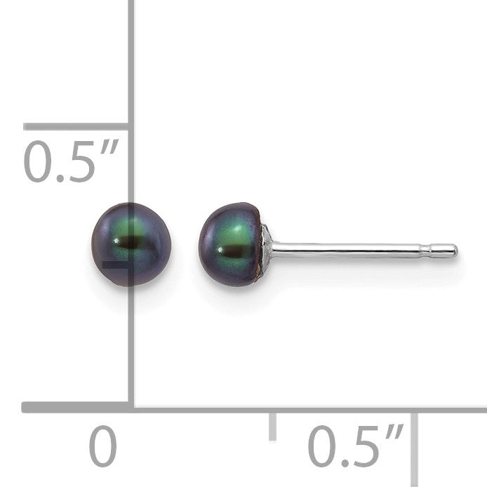14k White Gold 3-4mm Black Button Freshwater Cultured Pearl Stud Post Earrings