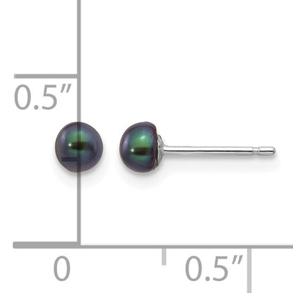 14k White Gold 3-4mm Black Button Freshwater Cultured Pearl Stud Post Earrings