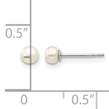 14k White Gold 3-4mm White Button Freshwater Cultured Pearl Stud Post Earrings