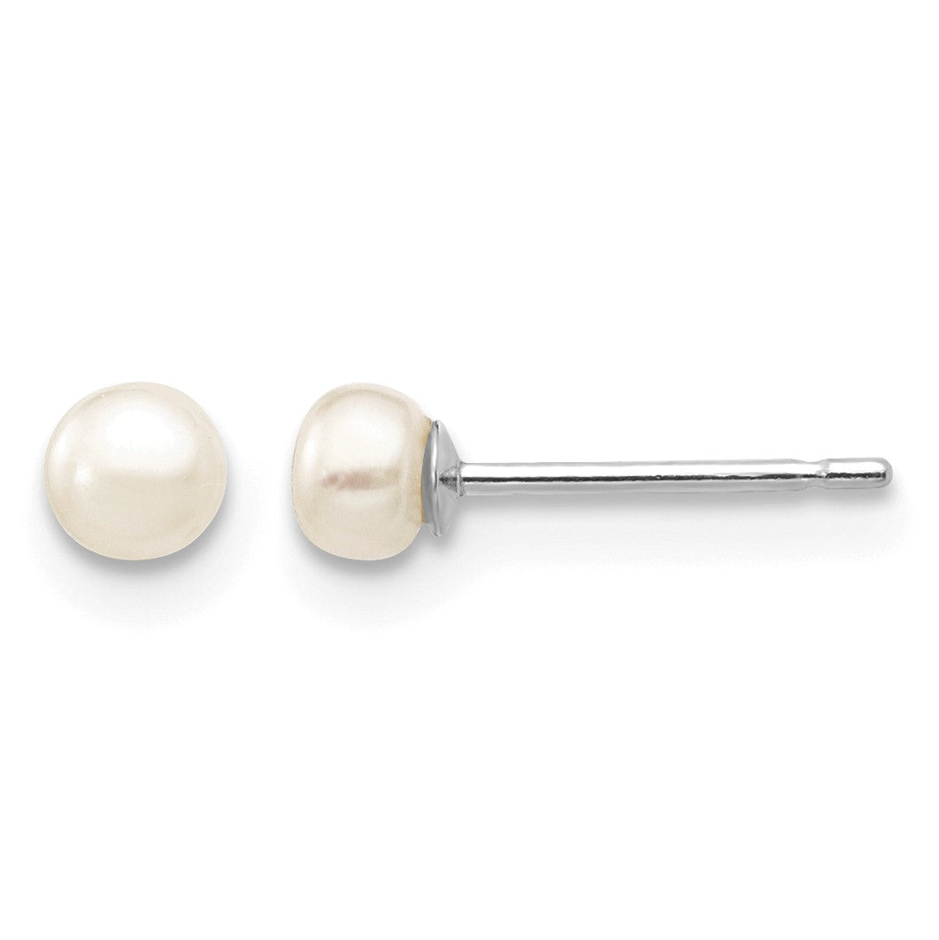 14k White Gold 3-4mm White Button Freshwater Cultured Pearl Stud Post Earrings