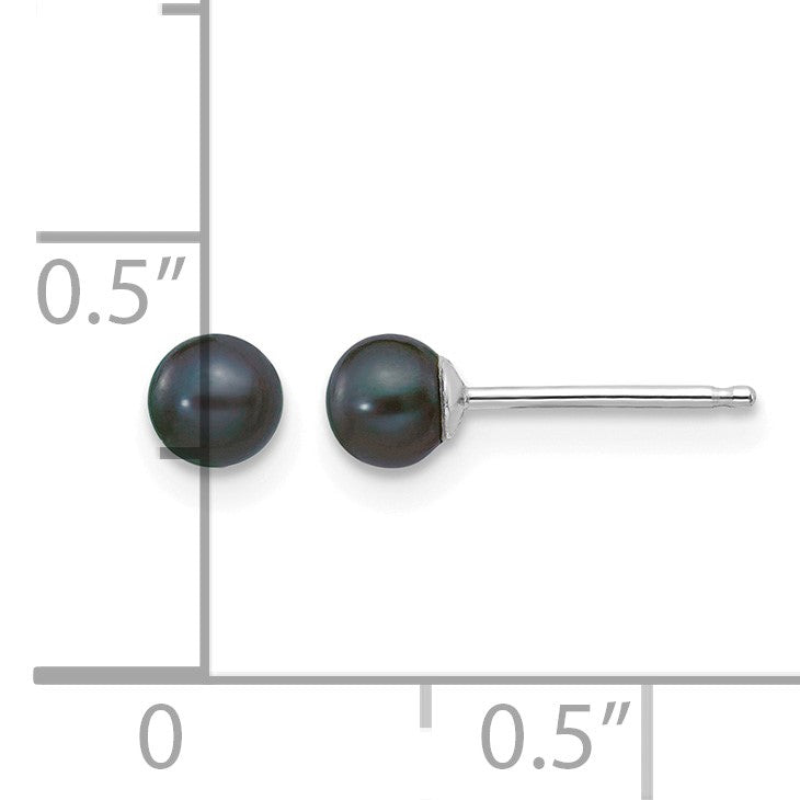 14k White Gold 3-4mm Black Round Freshwater Cultured Pearl Stud Post Earrings